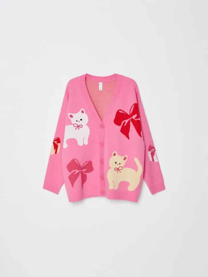 Вязаный кардиган с жаккардовым принтом для девочек, разноцветный, арт. 15744