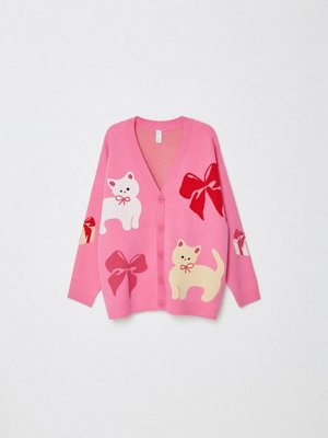 Вязаный кардиган с жаккардовым принтом для девочек, розовый, арт. 001