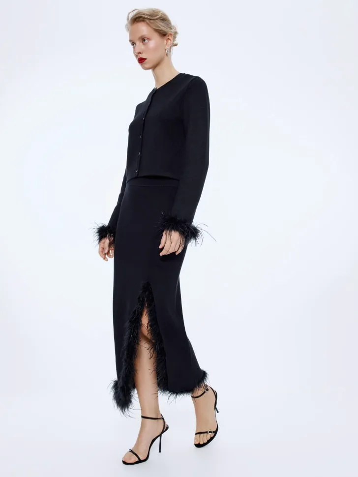 Вязаная юбка миди с перьями, черный, арт. 15746