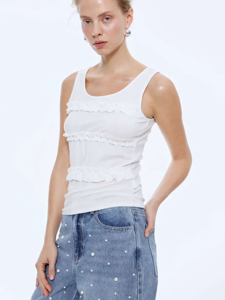 Топ с рюшами в рубчик, белый, арт. 15749