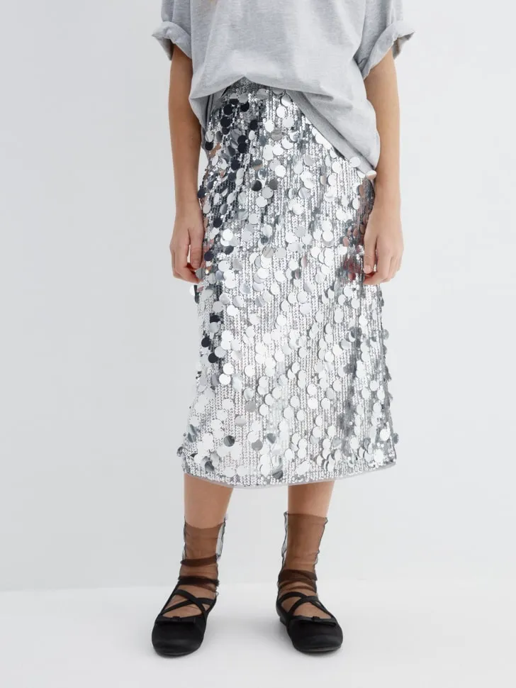 Юбка миди с пайетками, серебристый, арт. 15807