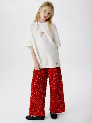 Широкие брюки с пайетками, красный, арт. 15816