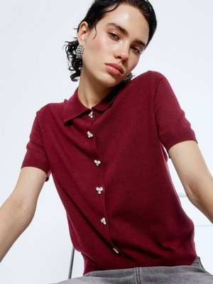 Вязаный джемпер-поло с пуговицами из страз, бордовый, арт. n/a