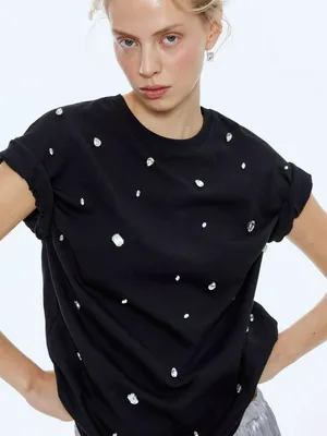 Футболка оверсайз с декором из камней, черный, арт. n/a