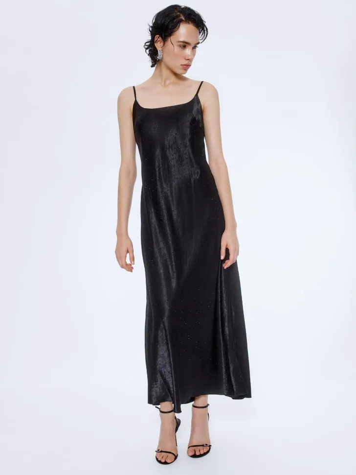 Сатиновое платье миди со стразами, черный, арт. 15868