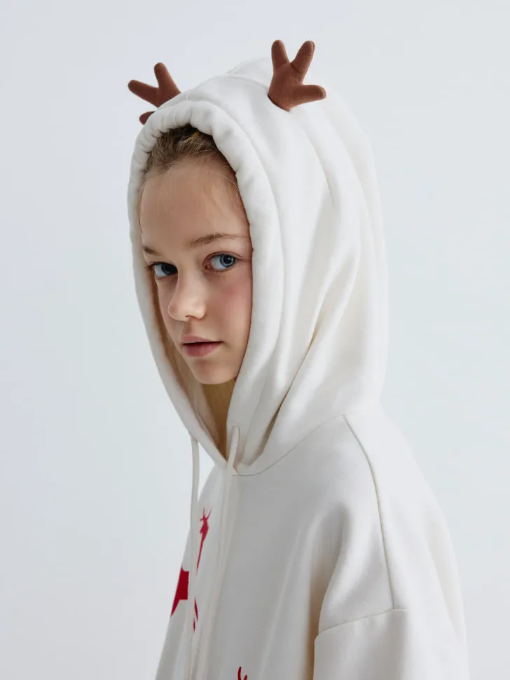 Новогоднее худи с рогами оленя на капюшоне, белый, арт. 15944