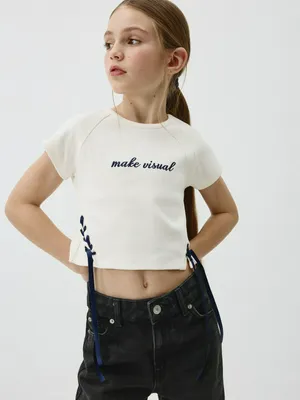 Укороченная футболка с вышивкой для девочек, арт. 1595