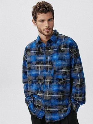 Рубашка в клетку из фланели, синий, серый, арт. flan001