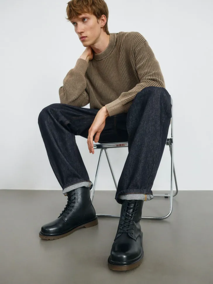 Кожаные ботинки на шнуровке, черный, арт. 1608