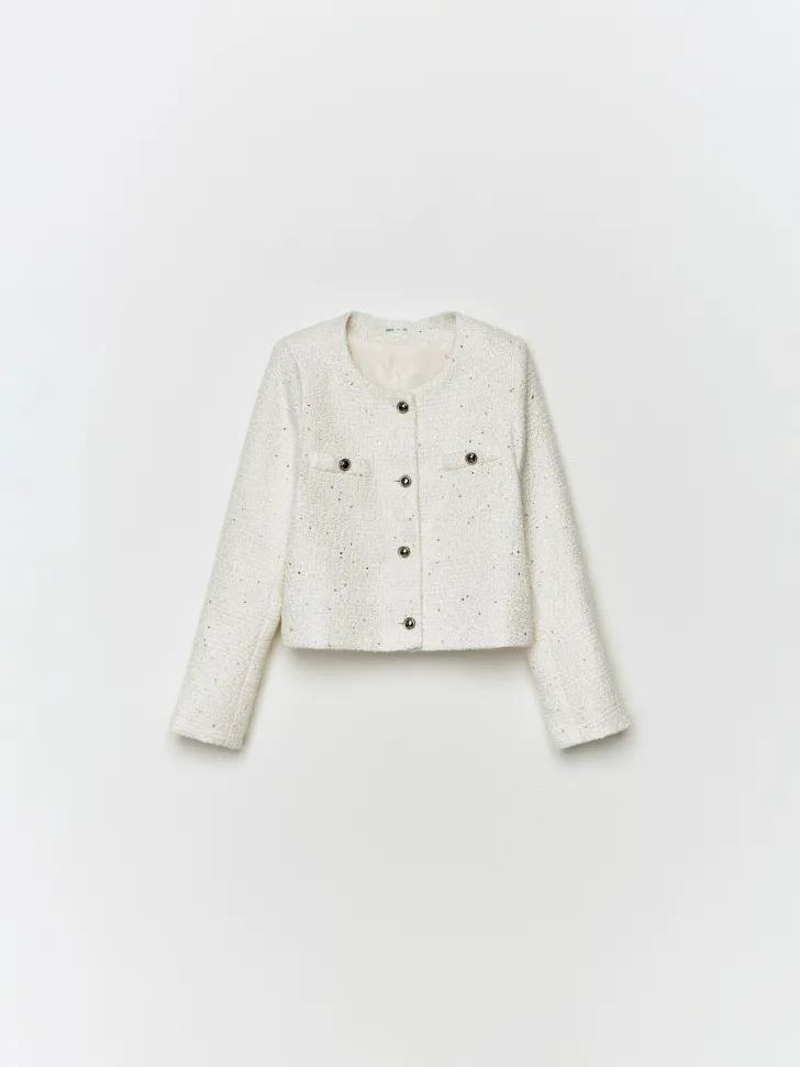 Укороченный твидовый жакет для девочек, белый, арт. 16155