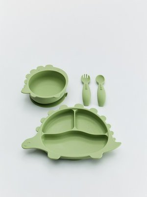 Набор детской силиконовой посуды для кормления, зеленый, арт. art-dinosaur-001