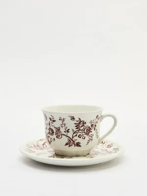 Чайная пара из фарфора с цветочным узором, белый, бордовый, арт. 16838