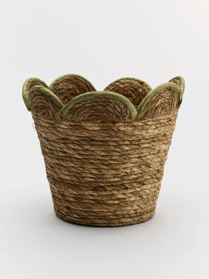 Плетеная корзина с фигурной кромкой, натуральный, зеленый, арт. 16988