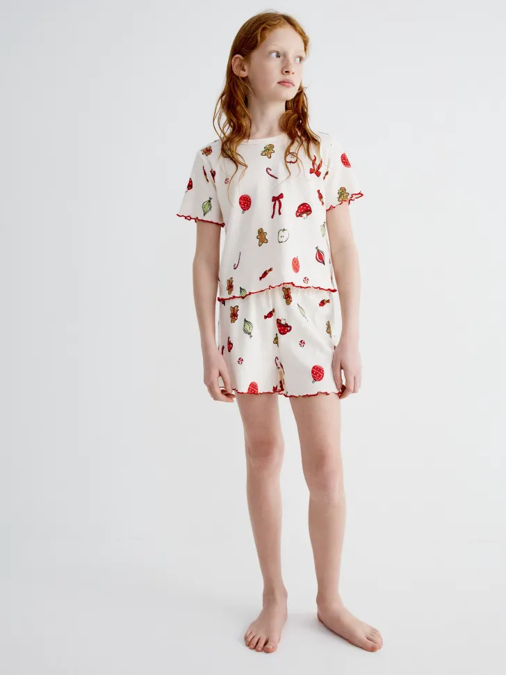 Новогодняя пижама с принтом, белый, арт. 17135