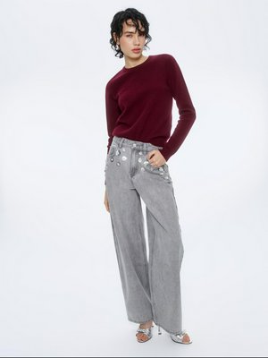 Джинсы Loose straight с цветочным декором, серый, серебристый, арт. jlsd001