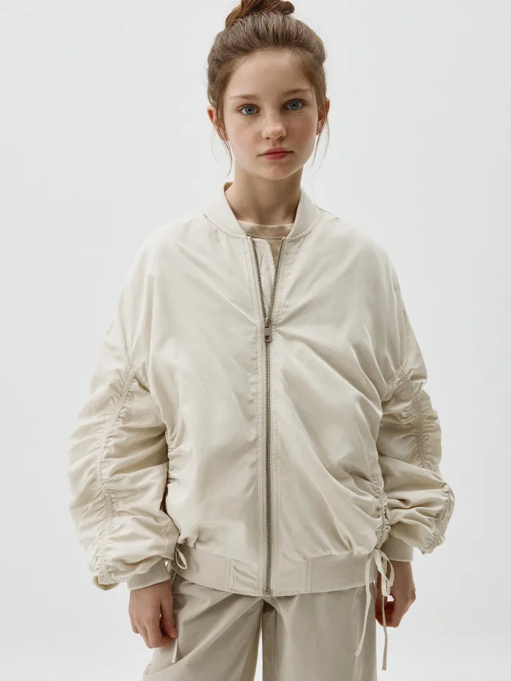 Бомбер оверсайз с драпировкой для девочек, бежевый, арт. 1734