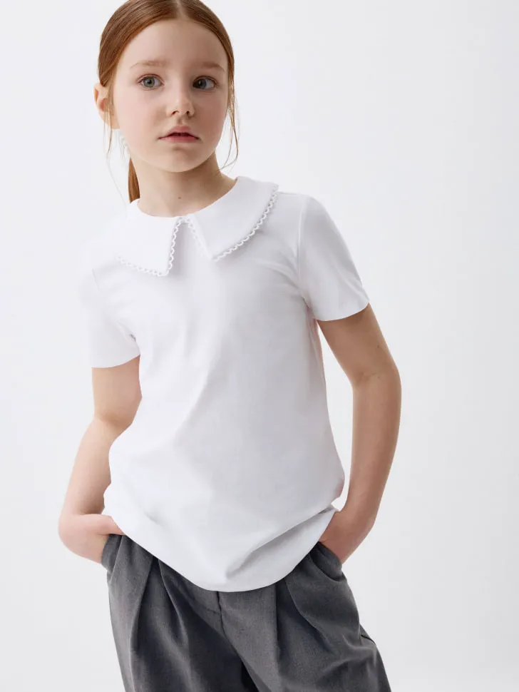 Трикотажная футболка с воротником для девочек, белый, арт. 1781