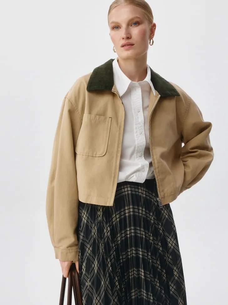 Короткая куртка с вельветовым воротником, бежевый, арт. 1827