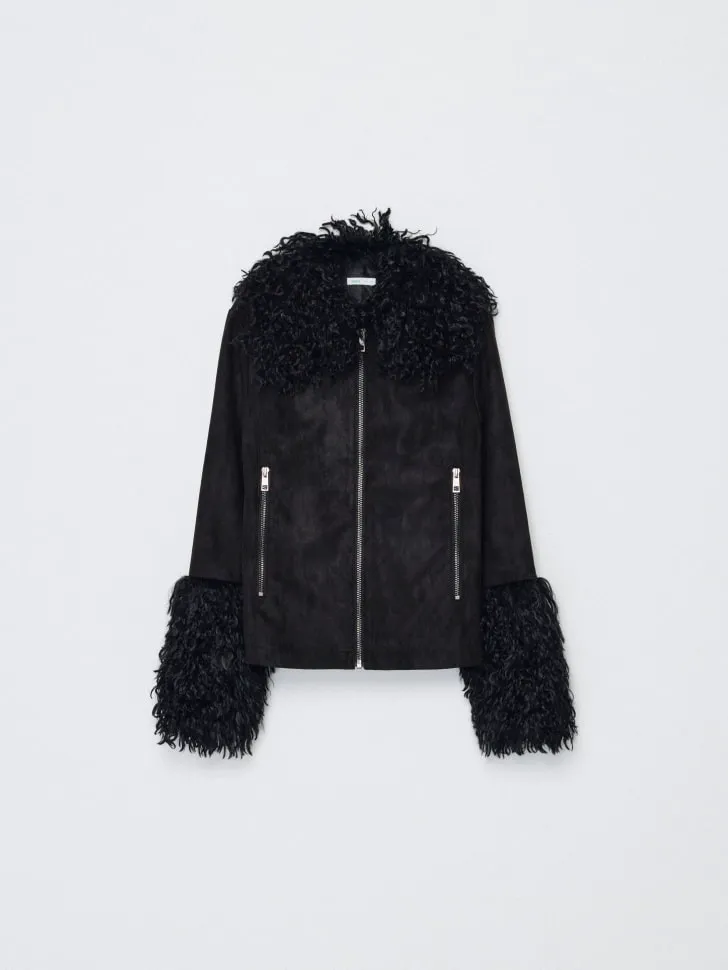 Куртка из искусственной замши с мехом для девочек, черный, арт. 1831