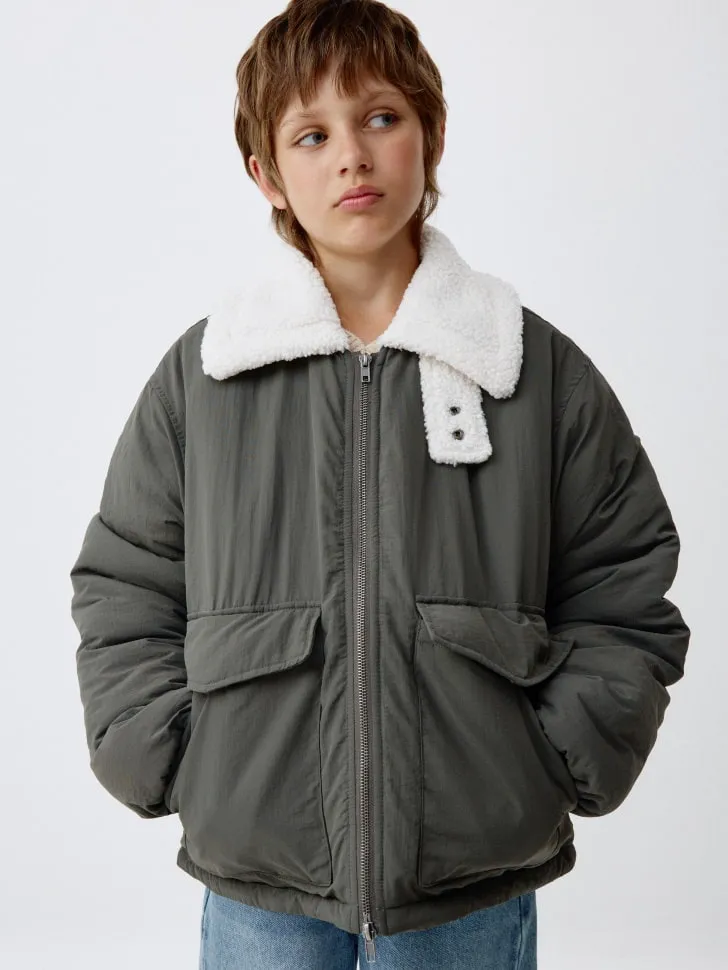 Куртка с меховым воротником детская, хаки, арт. 1974