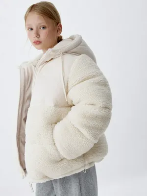 Комбинированная дутая куртка для девочек, бежевый, арт. 1992