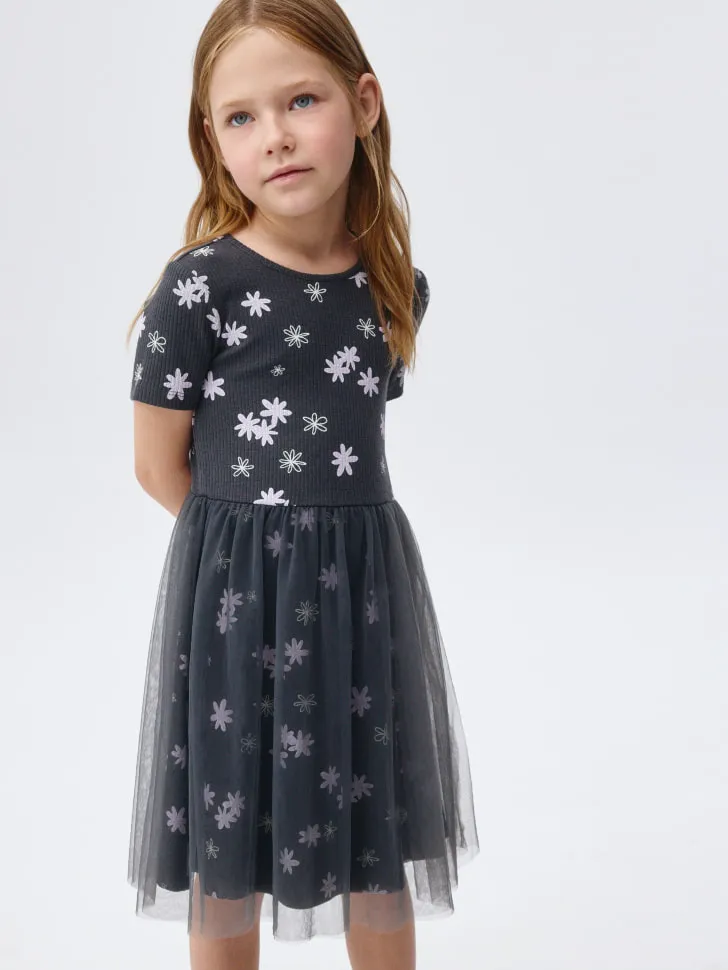 Платье с юбкой из сетки для девочек, серый, арт. 2023