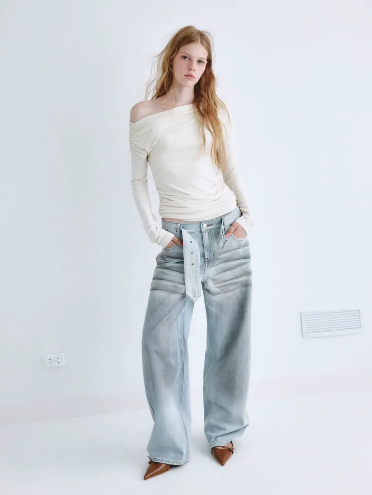 Джинсы barrel с ремнем SELA Young, голубой, арт. 2238