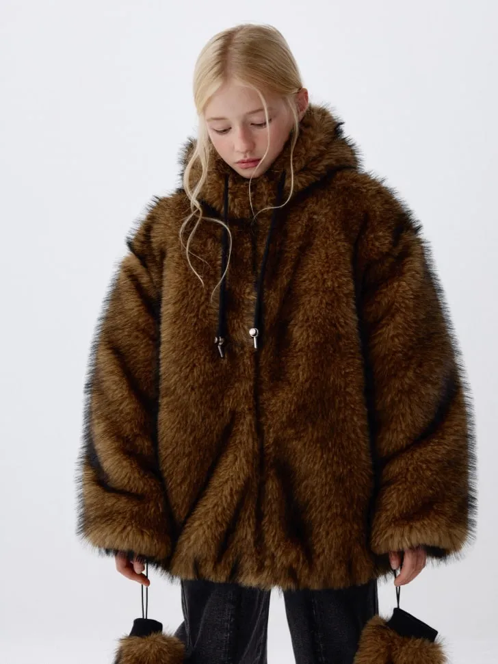Утепленная меховая куртка с рукавицами для девочек, коричневый, арт. 2290