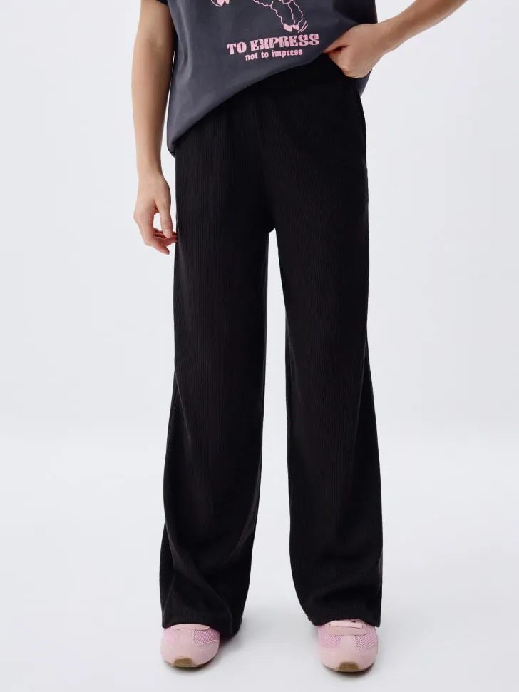 Широкие брюки в рубчик для девочек, черный, арт. 2306