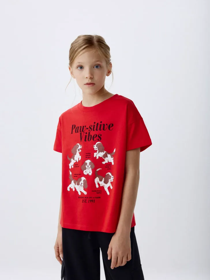 Футболка оверсайз с принтом для девочек, красный, арт. 2589