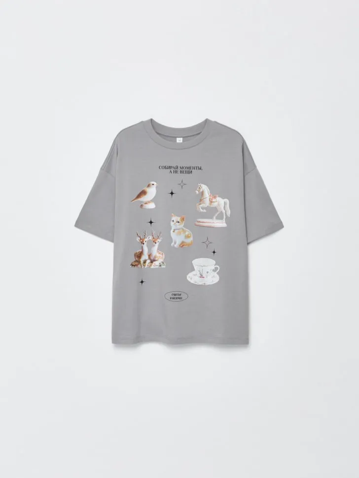 Футболка оверсайз с принтом для девочек, серый, арт. 2659