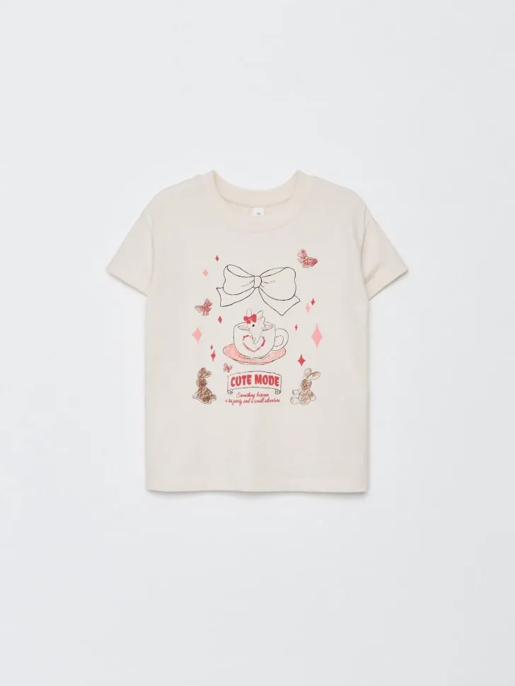 Футболка оверсайз с принтом для девочек, бежевый, арт. 2660