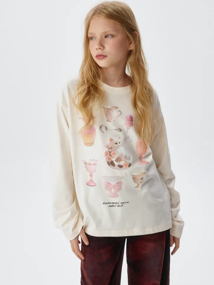 Лонгслив оверсайз с принтом для девочек, бежевый, арт. 2670
