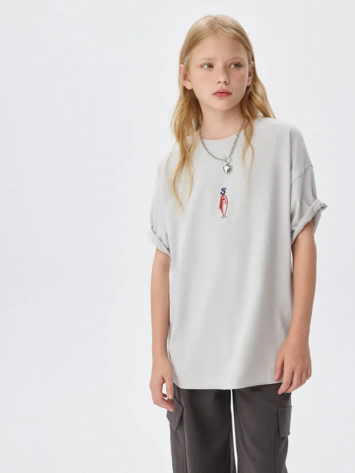 Футболка оверсайз с принтом для девочек, серый, арт. 2675