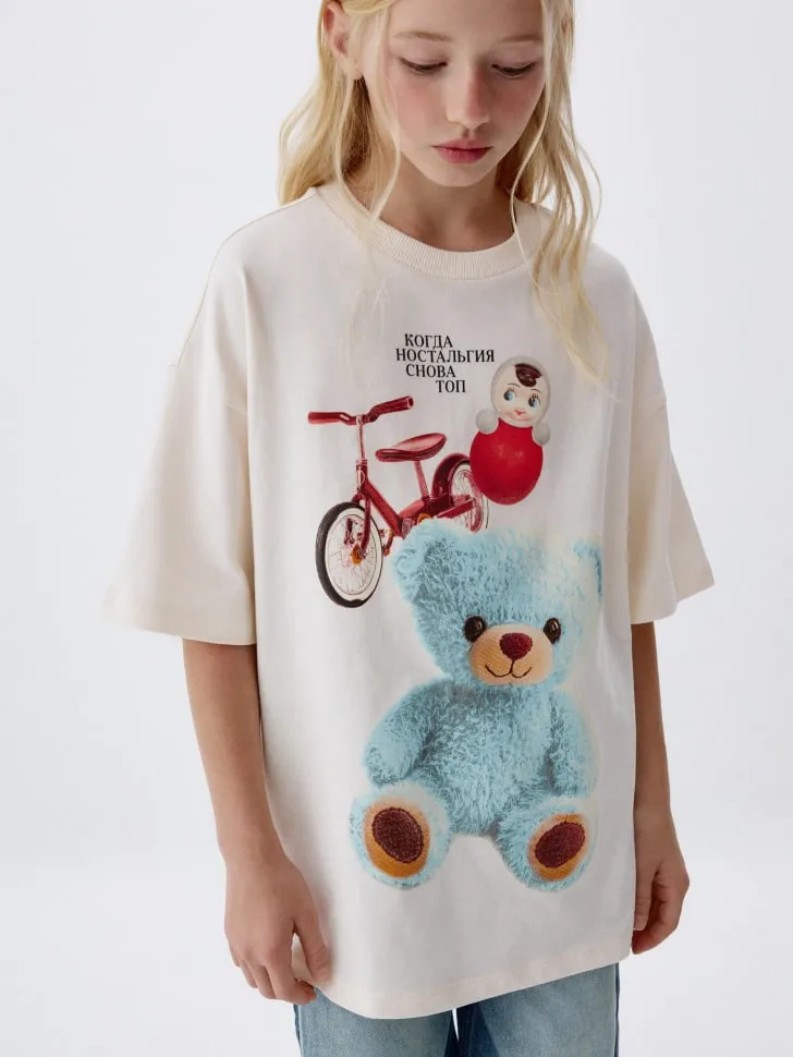 Футболка оверсайз с принтом для девочек, бежевый, арт. 2688