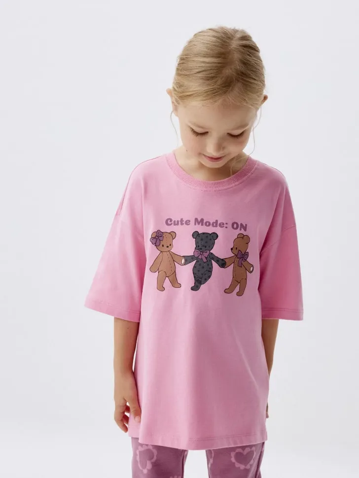 Футболка оверсайз с принтом для девочек, розовый, арт. 2691