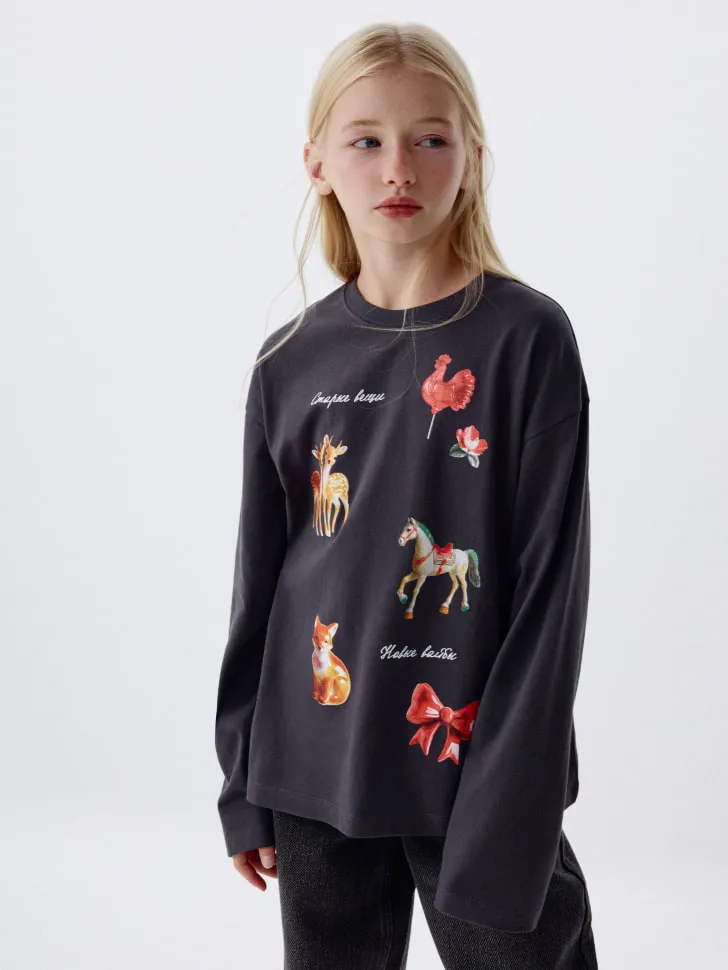 Лонгслив оверсайз с принтом для девочек, серый, арт. 2718