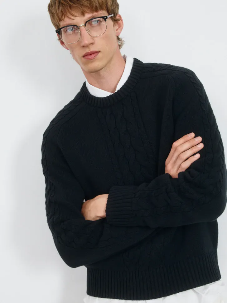 Джемпер Relaxed fit с рельефной вязкой косами, черный, арт. 2724