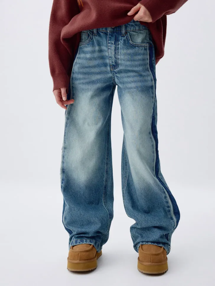 Джинсы Wide Leg с контрастными вставками для девочек, синий, арт. 2861