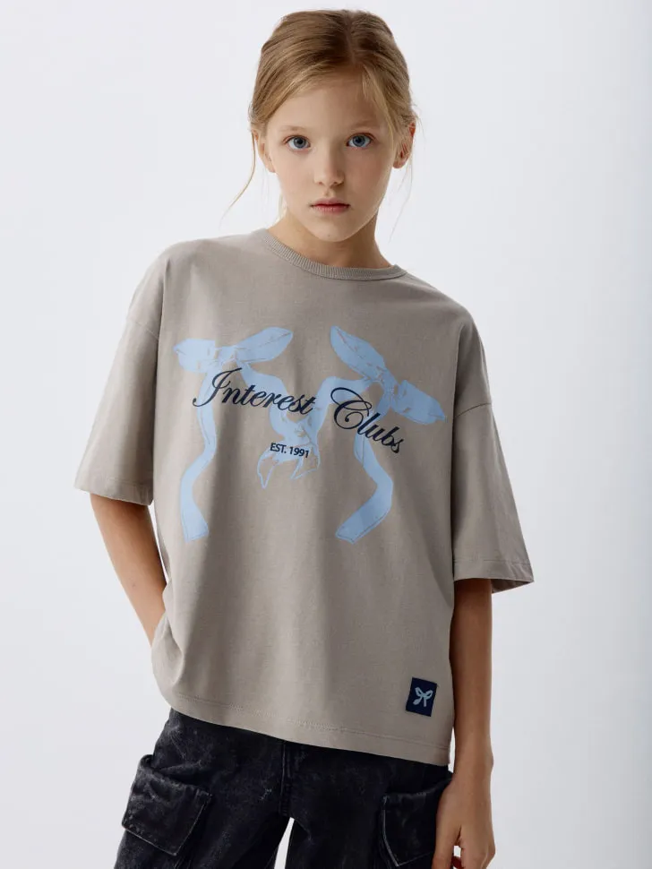 Футболка с принтом для девочек, бежевый, арт. 3035