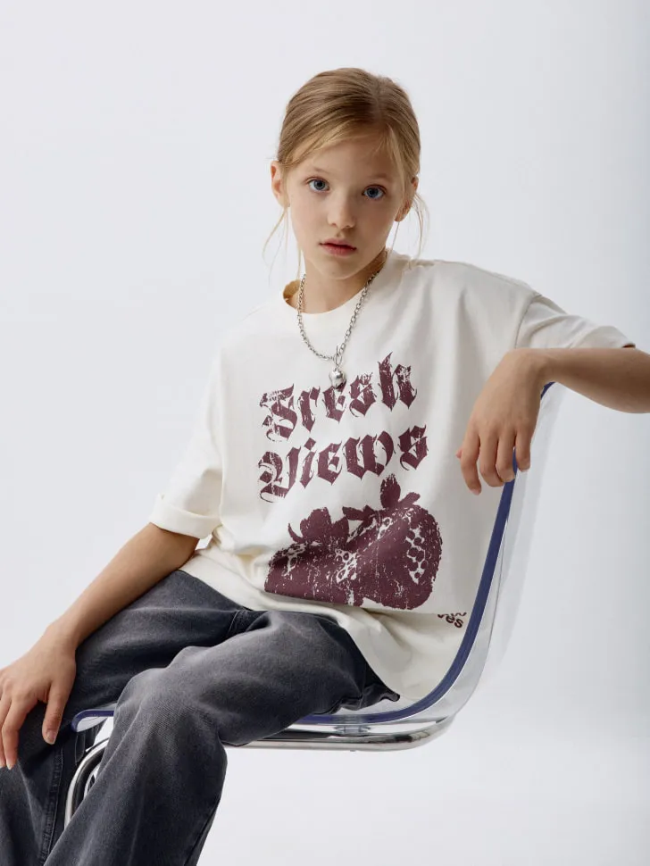 Футболка оверсайз с принтом для девочек, бежевый, арт. 3040