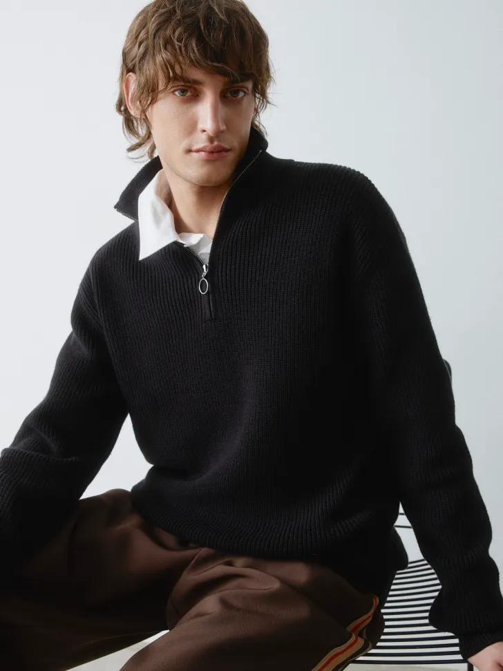 Вязаный джемпер с воротом на молнии, черный, арт. 001