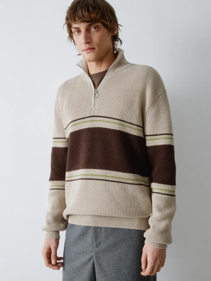 Вязаный джемпер с воротом на молнии, бежевый, коричневый, зеленый, арт. 12345