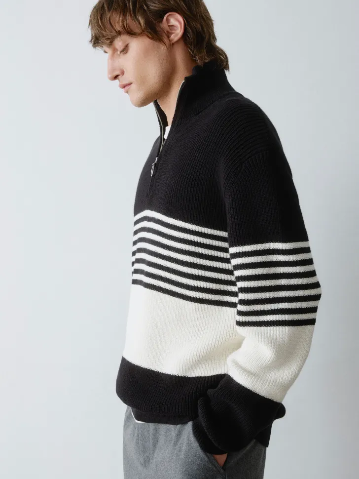 Вязаный джемпер с воротом на молнии, черный, белый, арт. art12345