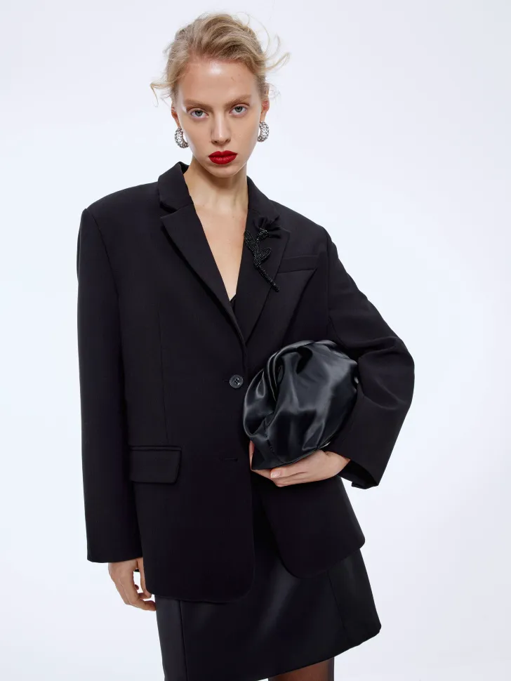 Однобортный жакет оверсайз с брошью, черный, арт. art001