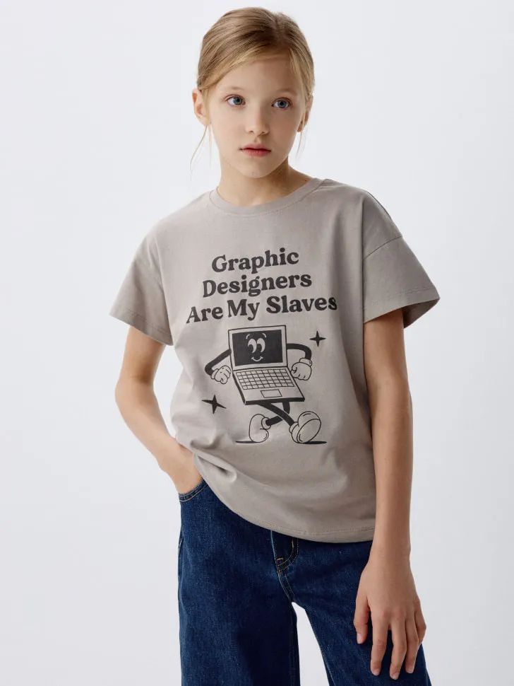 Футболка с принтом для девочек, серый, арт. 3069