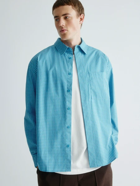 Хлопковая рубашка в клетку, голубой, белый, арт. xxxx