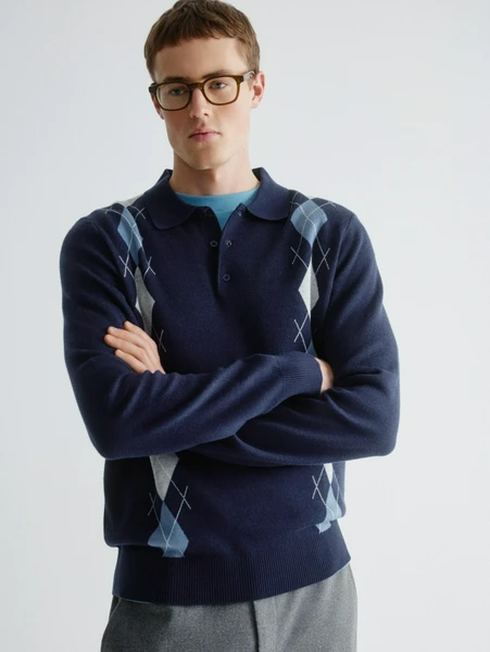 Классический джемпер с содержанием шерсти и шелка, темно-синий, белый, голубой, арт. 123