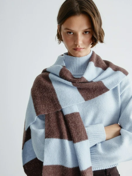 Шарф в полоску из шерсти альпаки, голубой, коричневый, арт. art2023