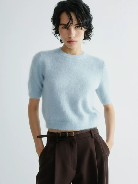 Джемпер с коротким рукавом из смесовой шерсти, голубой, арт. 31049